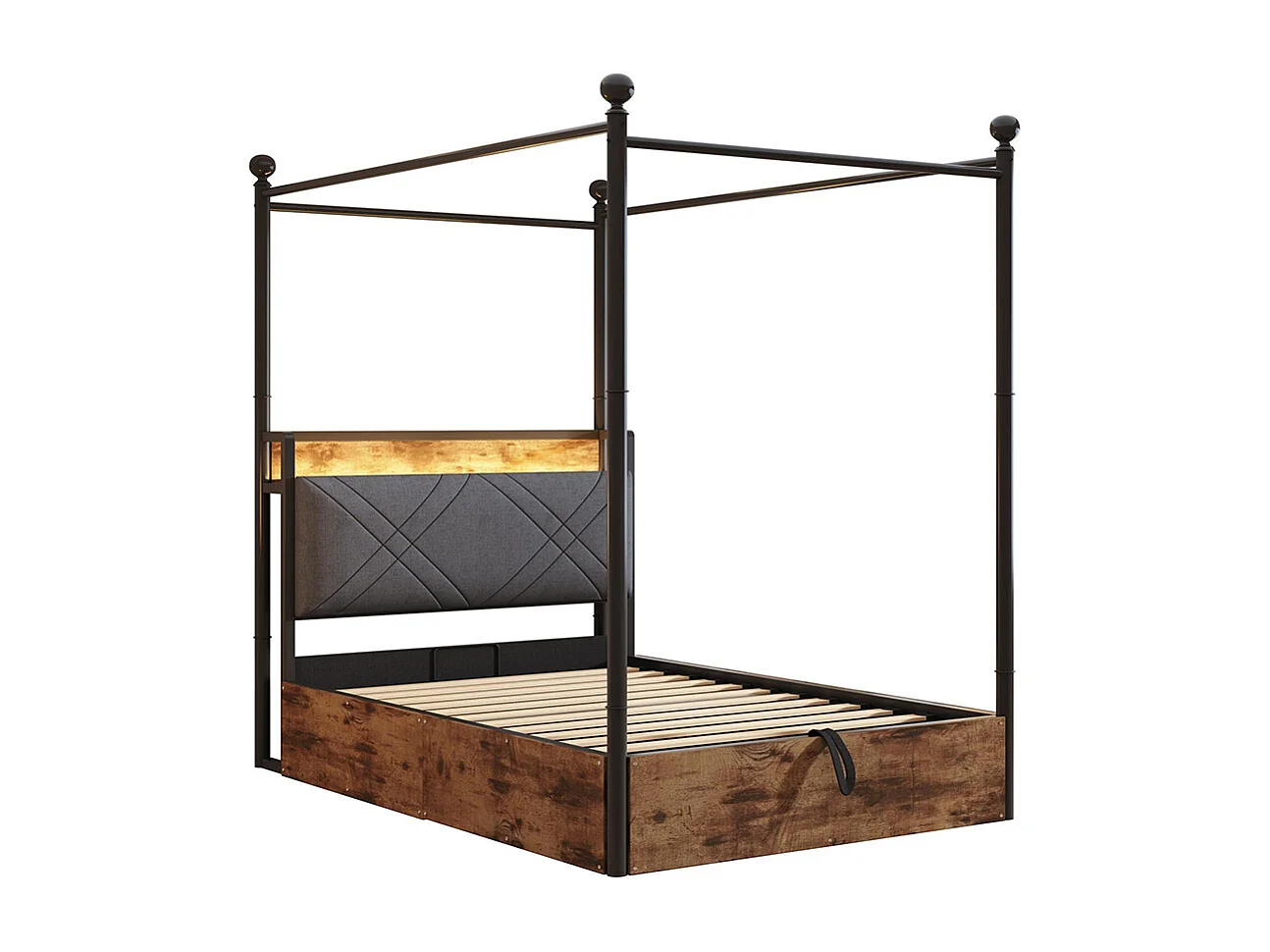 Lit à baldaquin en fer 90x190 avec rangement hydraulique baldaquin fer forgé montants amovibles LED USB Type C pour adolescent noir