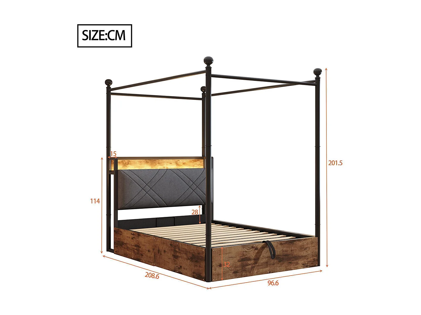 Lit à baldaquin en fer 90x190 avec rangement hydraulique baldaquin fer forgé montants amovibles LED USB Type C pour adolescent noir