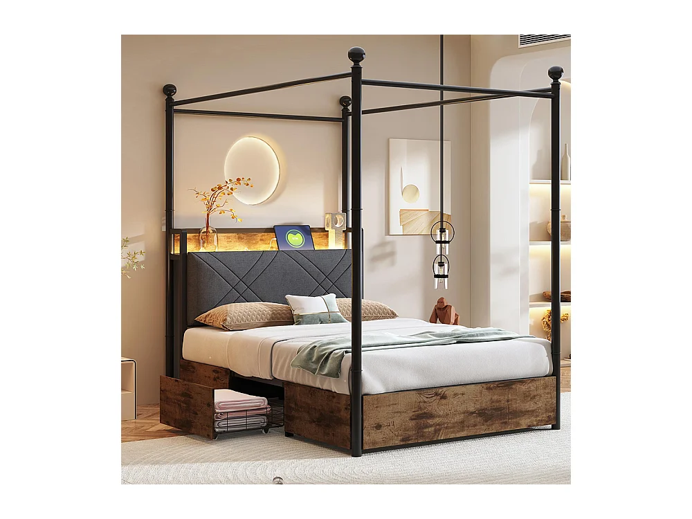 Lit à baldaquin 90x190 avec rangement baldaquin fer forgé montants amovibles LED ports USB Type C deux tiroirs lit simple en fer