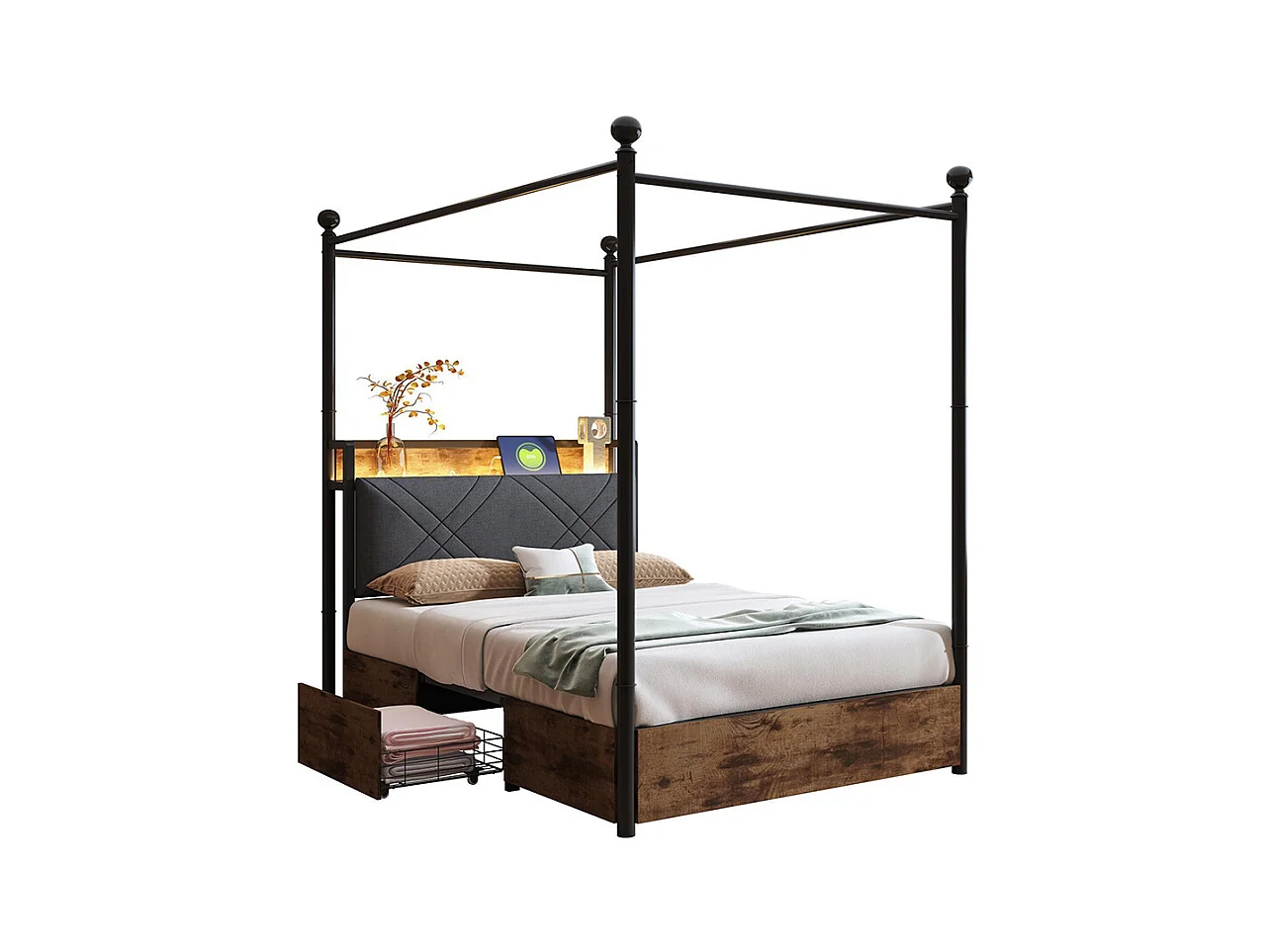 Lit à baldaquin 90x190 avec rangement baldaquin fer forgé montants amovibles LED ports USB Type C deux tiroirs lit simple en fer