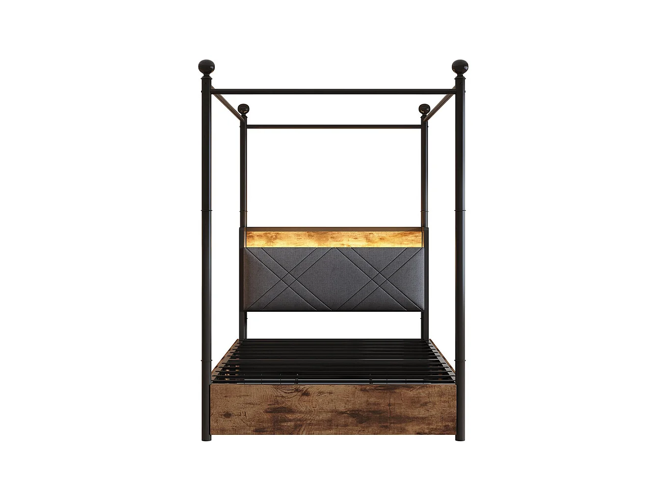 Lit à baldaquin 90x190 avec rangement baldaquin fer forgé montants amovibles LED ports USB Type C deux tiroirs lit simple en fer