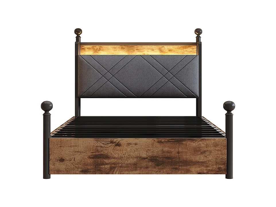 Lit à baldaquin 90x190 avec rangement baldaquin fer forgé montants amovibles LED ports USB Type C deux tiroirs lit simple en fer