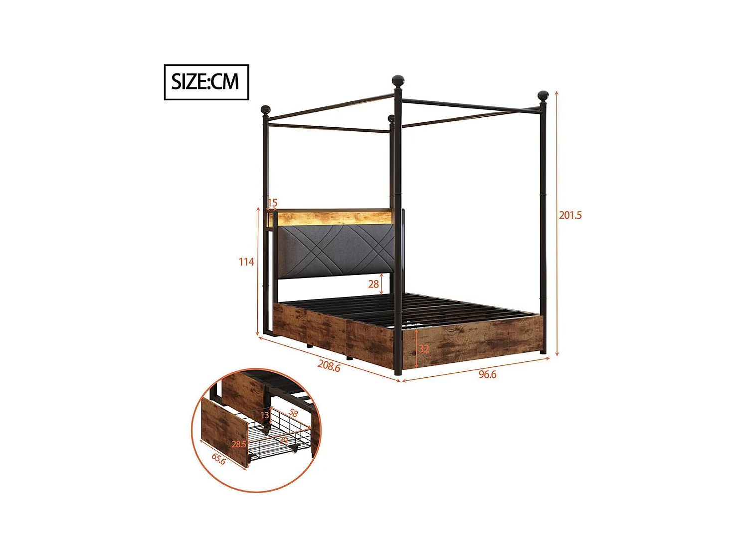 Lit à baldaquin 90x190 avec rangement baldaquin fer forgé montants amovibles LED ports USB Type C deux tiroirs lit simple en fer