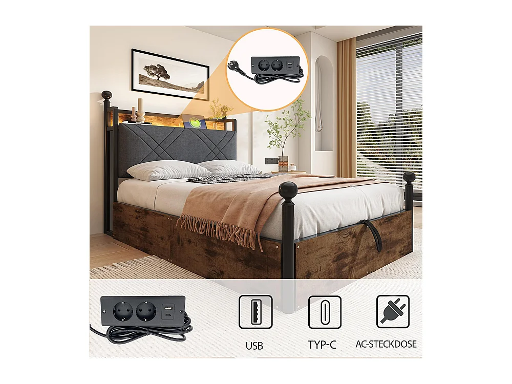 Lit à baldaquin 90x190 avec rangement baldaquin fer forgé montants amovibles LED ports USB Type C deux tiroirs lit simple en fer