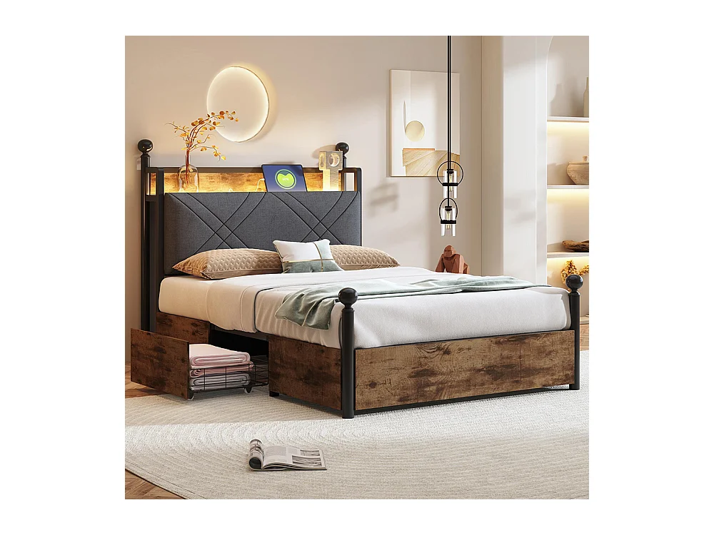 Lit à baldaquin 90x190 avec rangement baldaquin fer forgé montants amovibles LED ports USB Type C deux tiroirs lit simple en fer