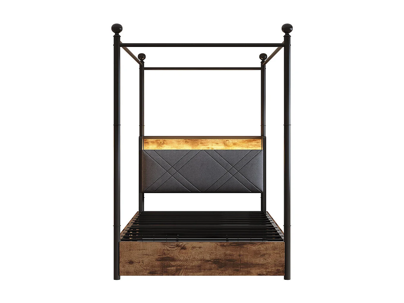 Lit à baldaquin 90x190 avec rangement baldaquin fer forgé montants amovibles LED ports USB Type C deux tiroirs lit simple en fer