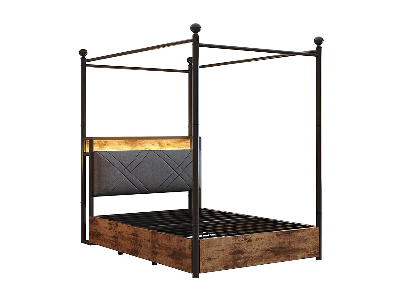 Lit à baldaquin 90x190 avec rangement baldaquin fer forgé montants amovibles LED ports USB Type C deux tiroirs lit simple en fer