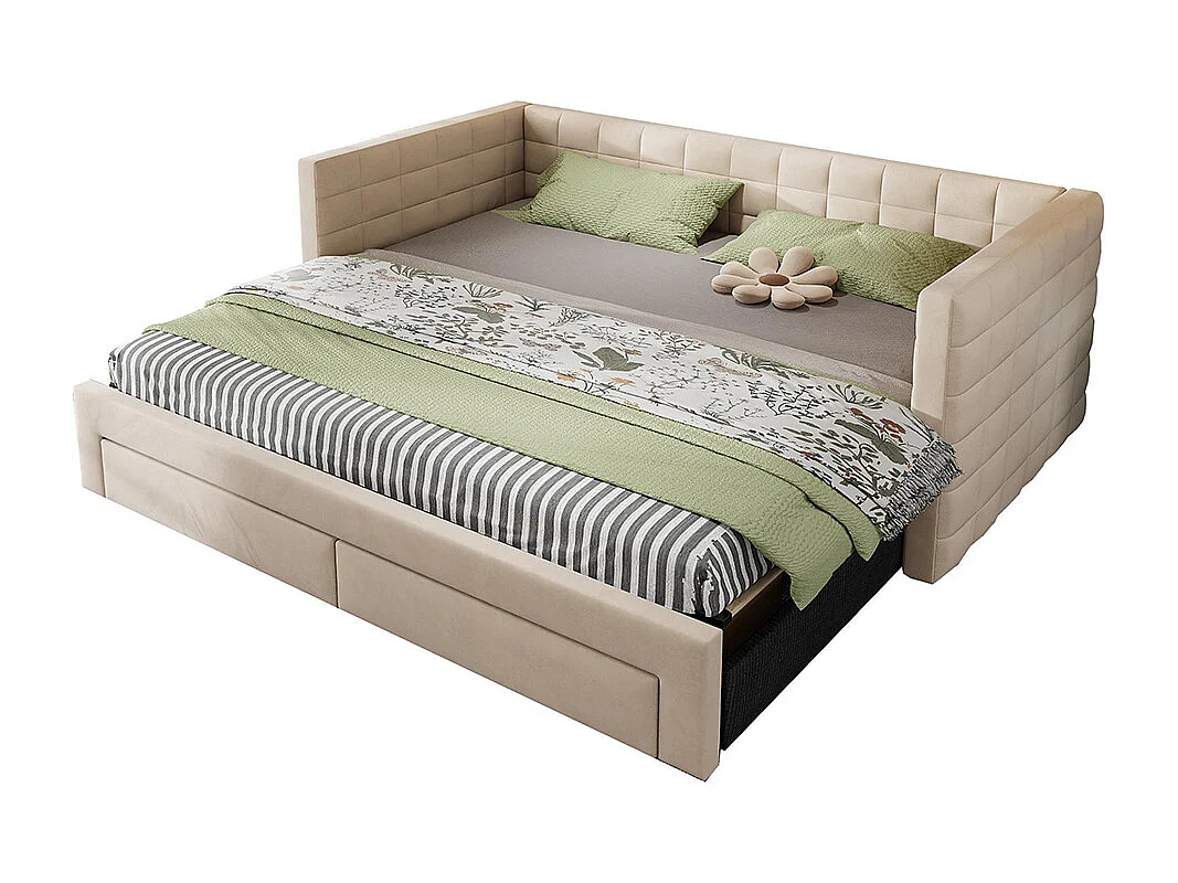 Lit gigogne rembourré 3 en 1 90x190 cm multifonctionnel avec tiroirs convertible simple double sommier à lattes coton lin beige sans matelas