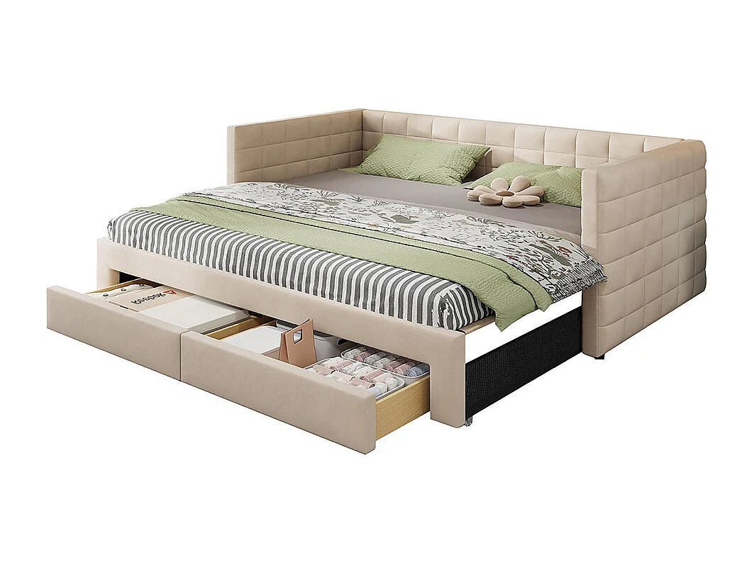 Lit gigogne rembourré 3 en 1 90x190 cm multifonctionnel avec tiroirs convertible simple double sommier à lattes coton lin beige sans matelas