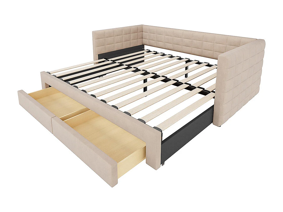 Lit gigogne rembourré 3 en 1 90x190 cm multifonctionnel avec tiroirs convertible simple double sommier à lattes coton lin beige sans matelas