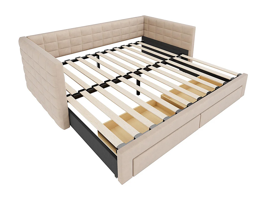 Lit gigogne rembourré 3 en 1 90x190 cm multifonctionnel avec tiroirs convertible simple double sommier à lattes coton lin beige sans matelas