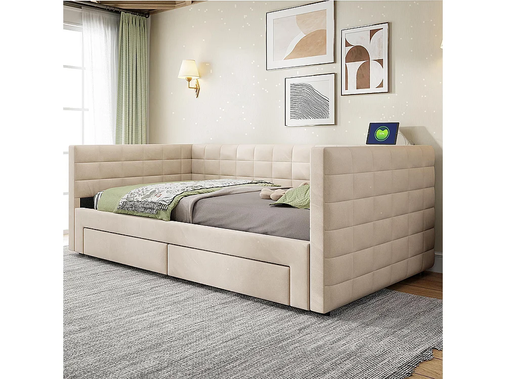 Lit gigogne rembourré 3 en 1 90x190 cm multifonctionnel avec tiroirs convertible simple double sommier à lattes coton lin beige sans matelas