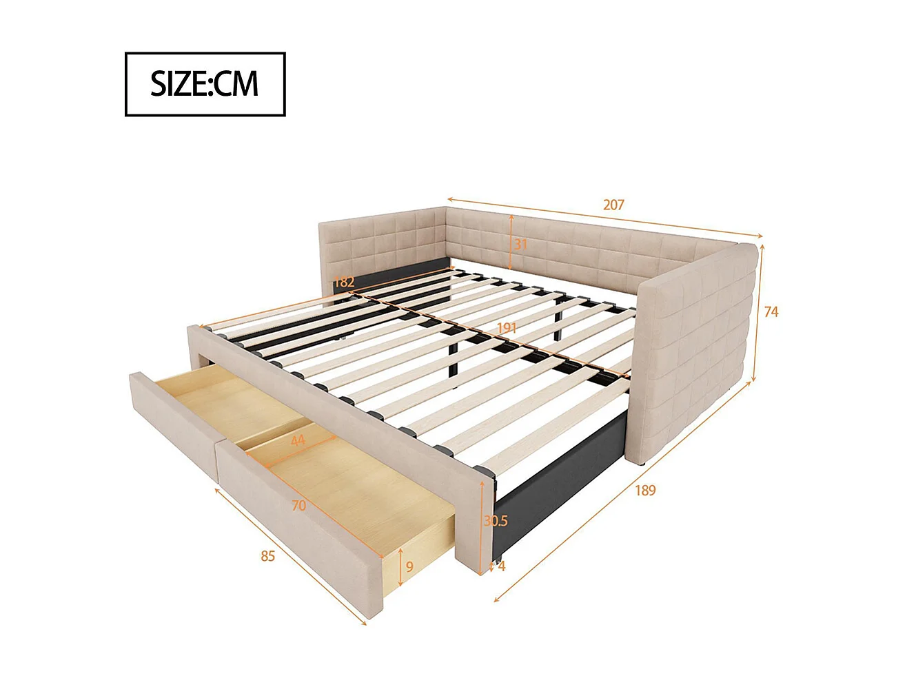 Lit gigogne rembourré 3 en 1 90x190 cm multifonctionnel avec tiroirs convertible simple double sommier à lattes coton lin beige sans matelas