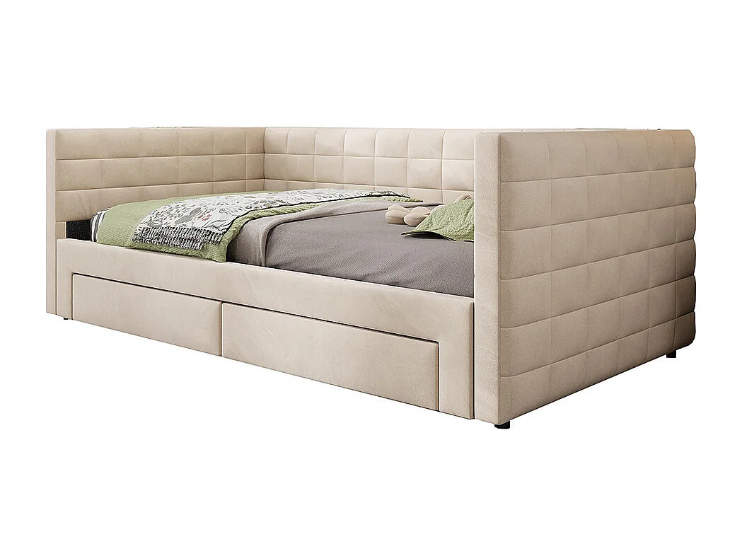 Lit gigogne rembourré 3 en 1 90x190 cm multifonctionnel avec tiroirs convertible simple double sommier à lattes coton lin beige sans matelas