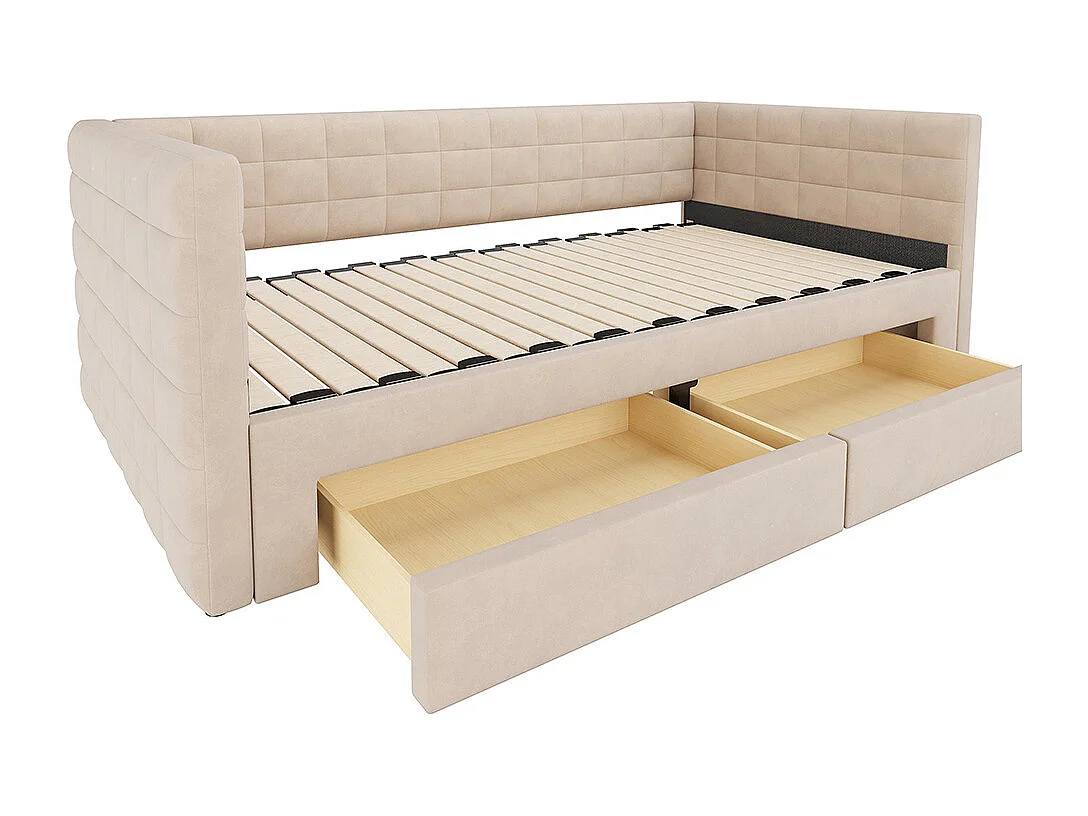 Lit gigogne rembourré 3 en 1 90x190 cm multifonctionnel avec tiroirs convertible simple double sommier à lattes coton lin beige sans matelas