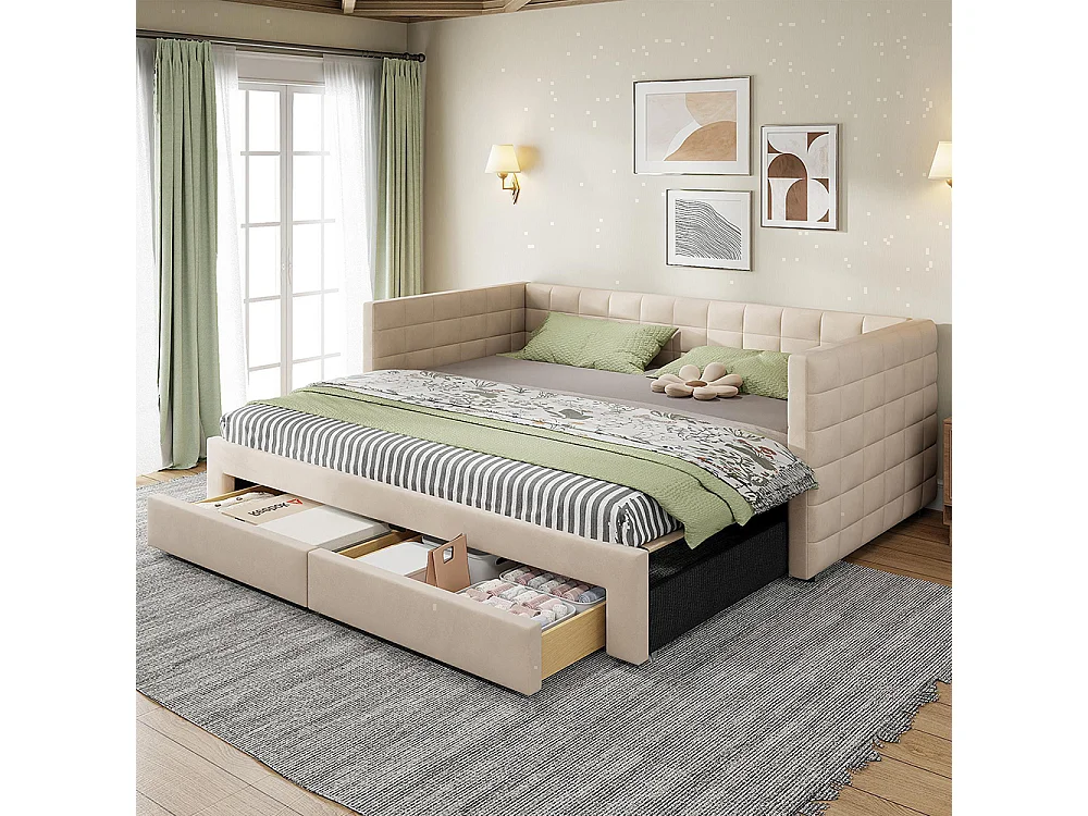 Lit gigogne rembourré 3 en 1 90x190 cm multifonctionnel avec tiroirs convertible simple double sommier à lattes coton lin beige sans matelas