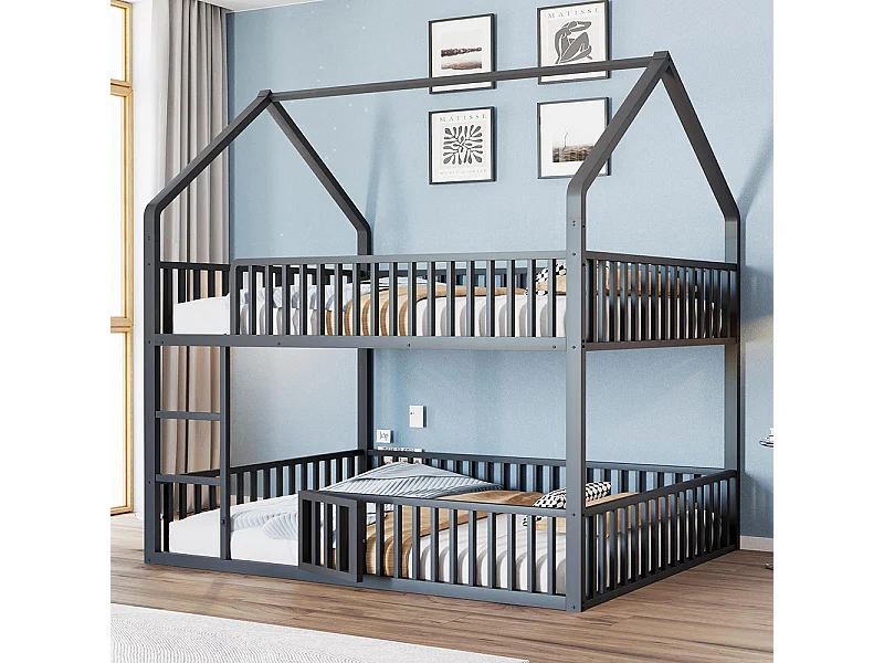 Lit superposé enfant 140x200 en métal design loft avec escalier lit inférieur petite porte noir