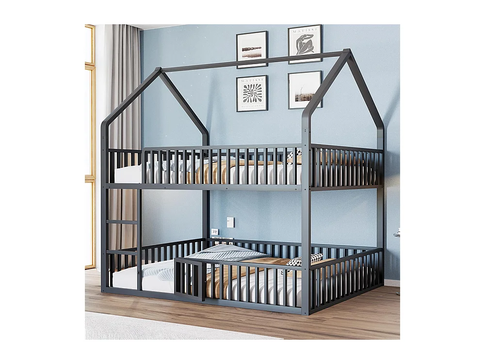 Lit superposé enfant 140x200 en métal design loft avec escalier lit inférieur petite porte noir