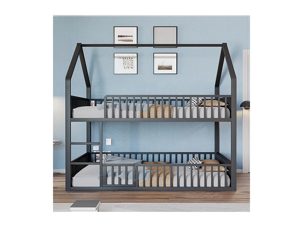 Lit superposé enfant 140x200 en métal design loft avec escalier lit inférieur petite porte noir