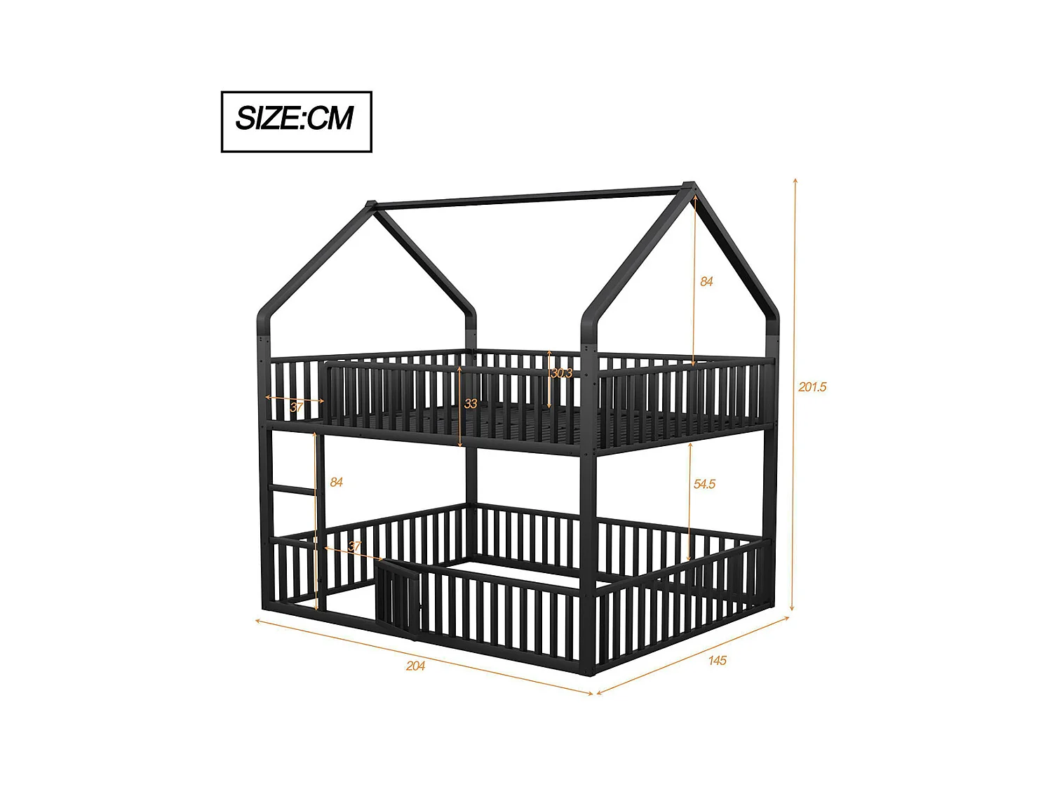 Lit superposé enfant 140x200 en métal design loft avec escalier lit inférieur petite porte noir
