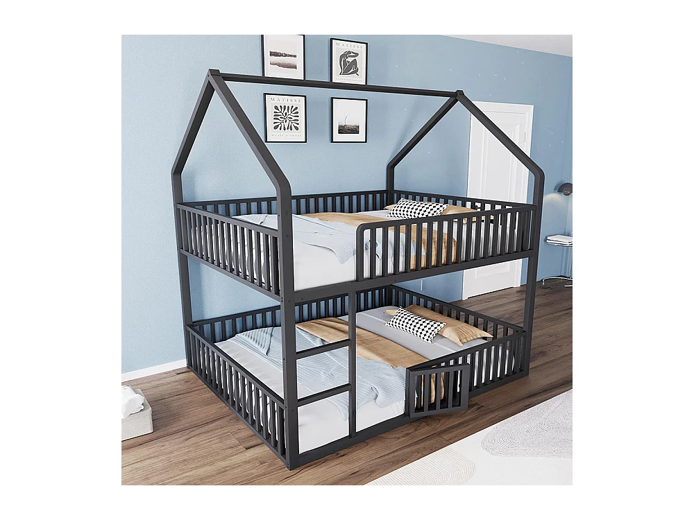 Lit superposé enfant 140x200 en métal design loft avec escalier lit inférieur petite porte noir