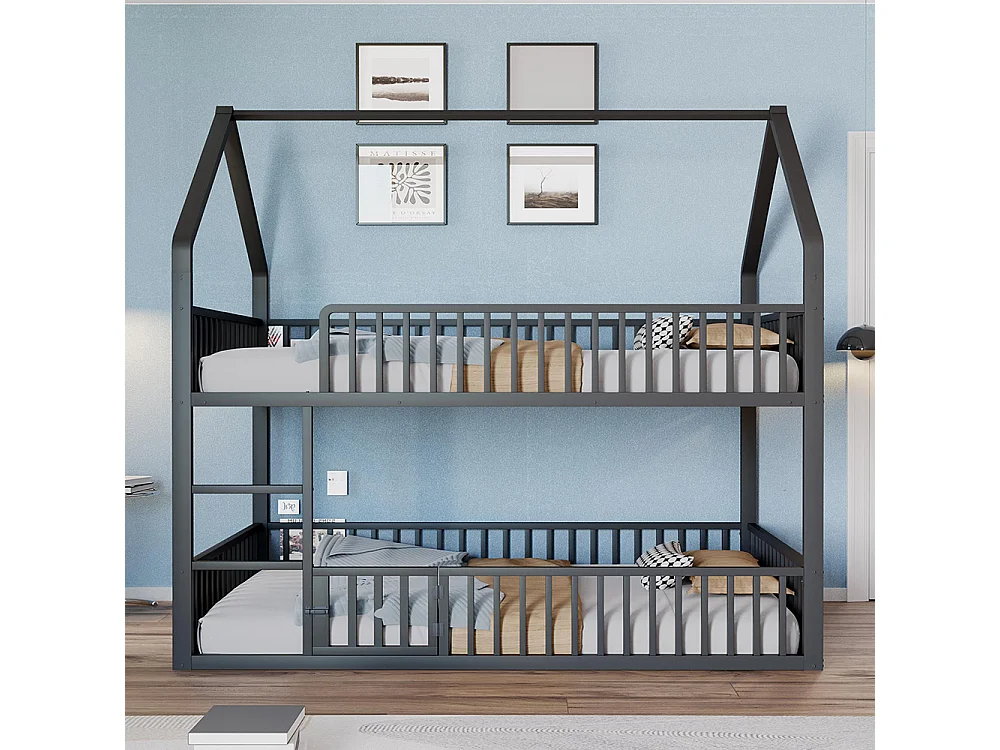 Lit superposé enfant 140x200 en métal design loft avec escalier lit inférieur petite porte noir