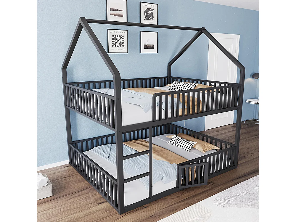 Lit superposé enfant 140x200 en métal design loft avec escalier lit inférieur petite porte noir
