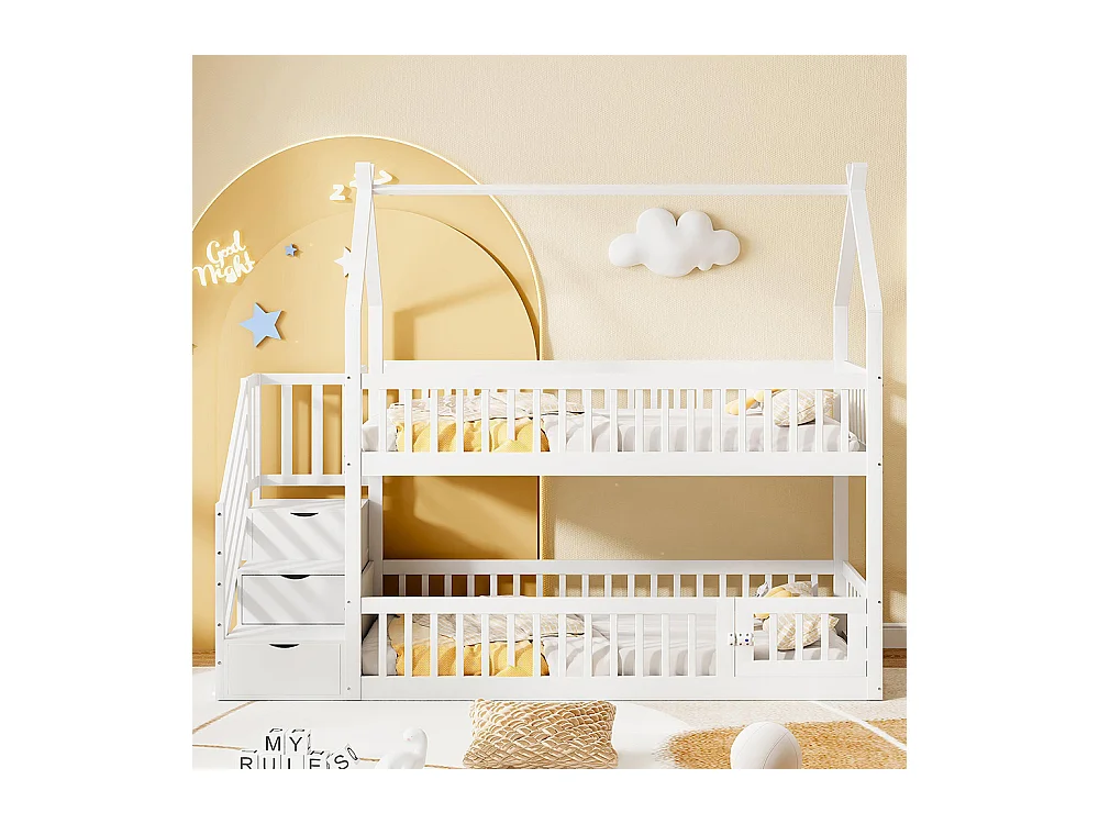 Lit superposé enfant 90x200 cm en bois massif avec toit échelle sécurité tiroirs rangement simple blanc