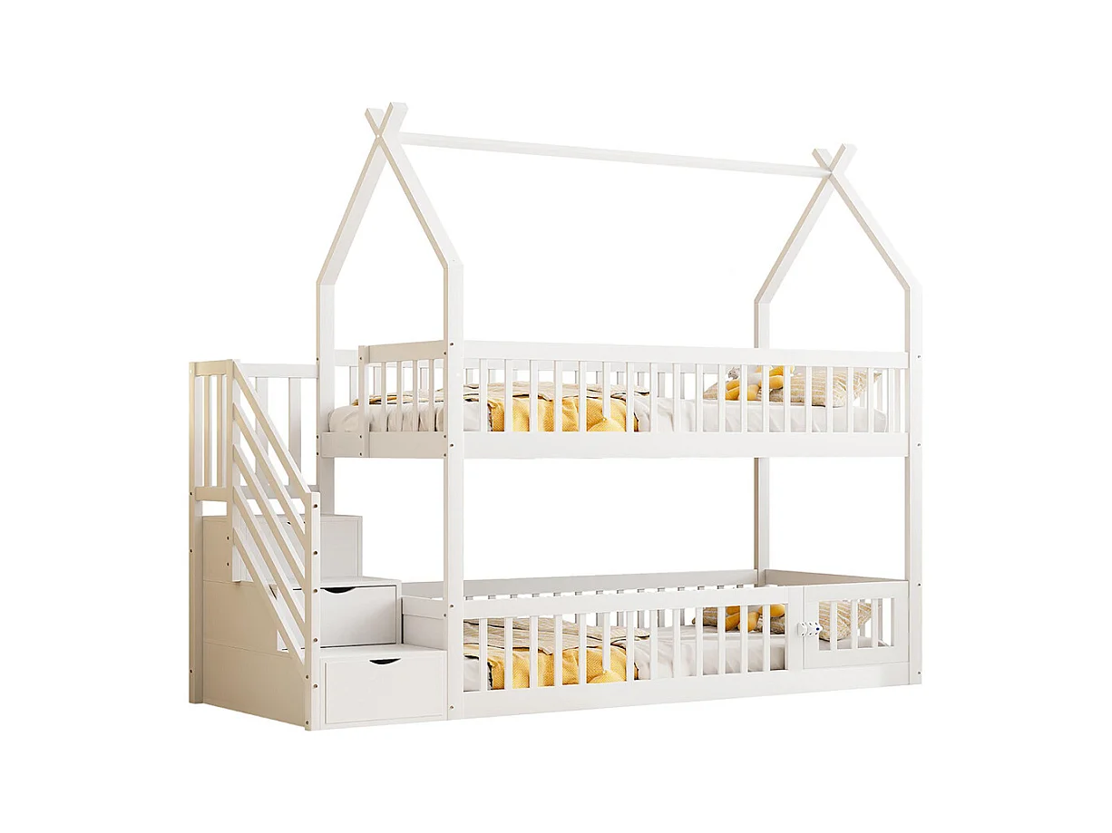 Lit superposé enfant 90x200 cm en bois massif avec toit échelle sécurité tiroirs rangement simple blanc