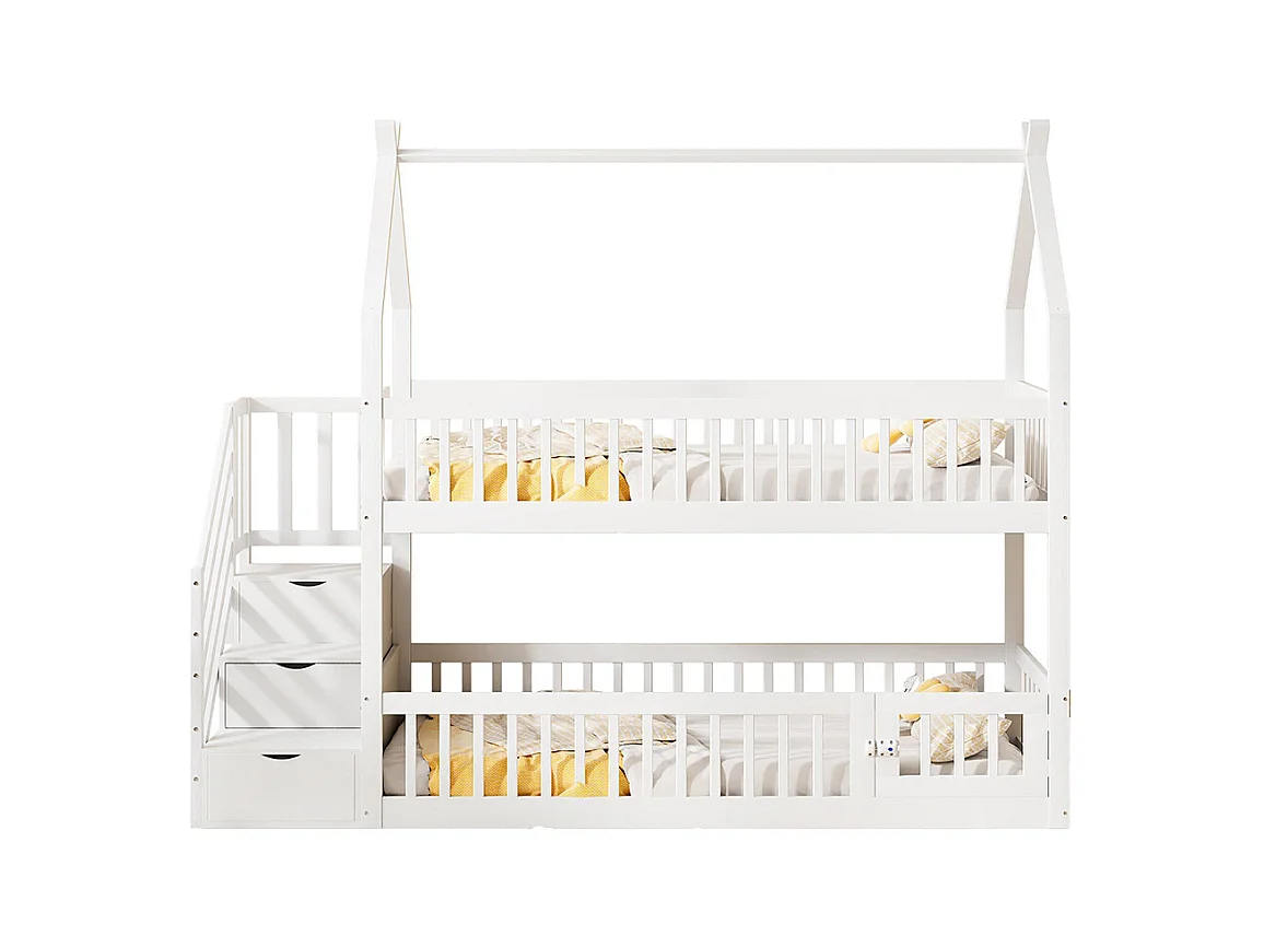 Lit superposé enfant 90x200 cm en bois massif avec toit échelle sécurité tiroirs rangement simple blanc