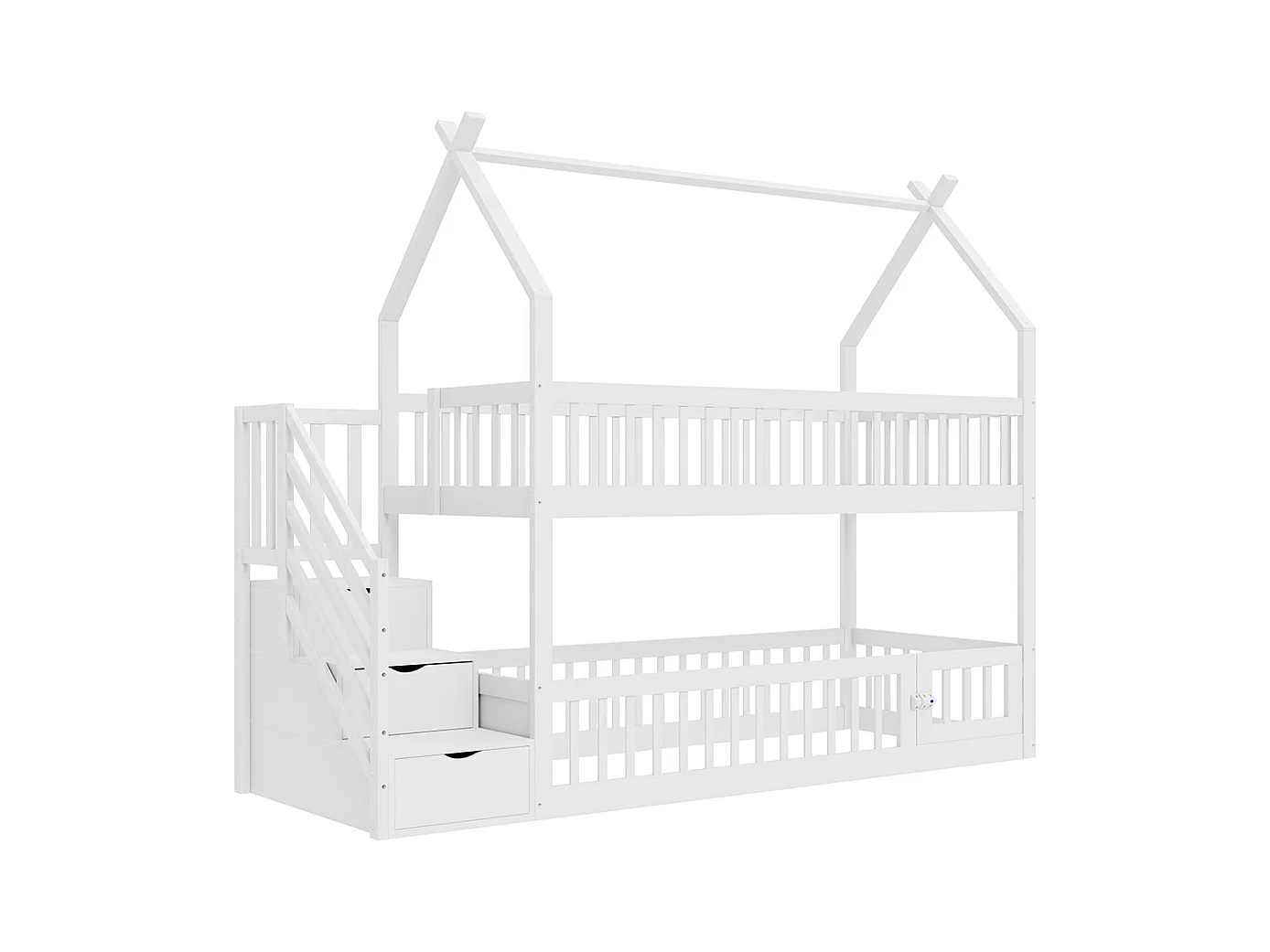 Lit superposé enfant 90x200 cm en bois massif avec toit échelle sécurité tiroirs rangement simple blanc