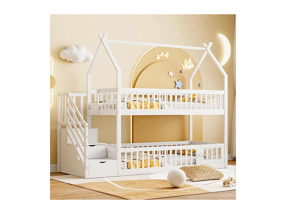 Lit superposé enfant 90x200 cm en bois massif avec toit échelle sécurité tiroirs rangement simple blanc