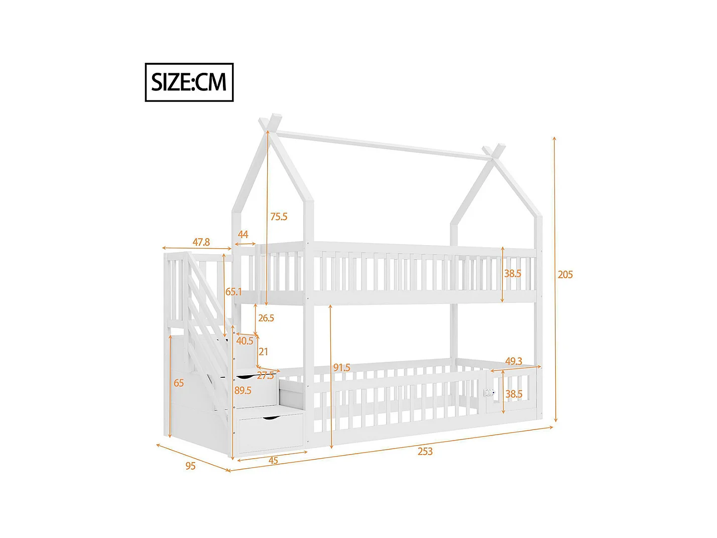 Lit superposé enfant 90x200 cm en bois massif avec toit échelle sécurité tiroirs rangement simple blanc
