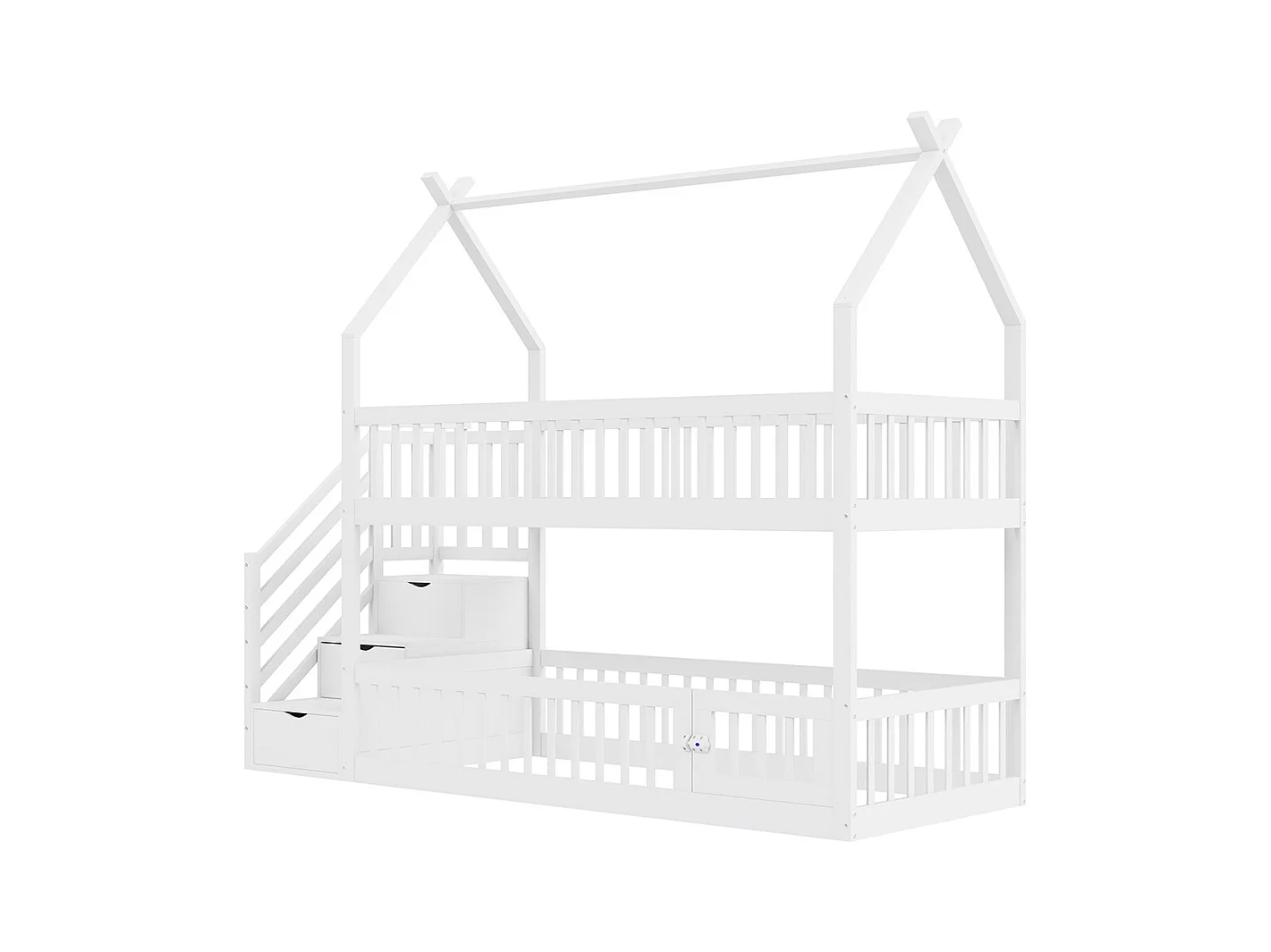 Lit superposé enfant 90x200 cm en bois massif avec toit échelle sécurité tiroirs rangement simple blanc