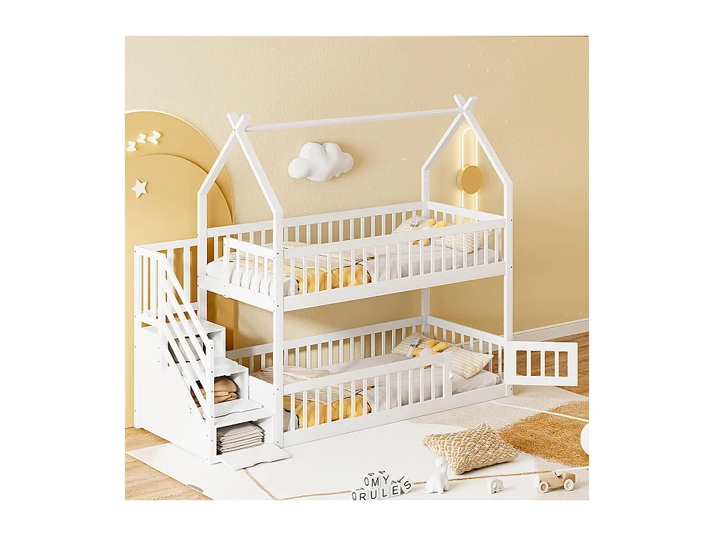 Lit superposé enfant 90x200 cm en bois massif avec toit échelle sécurité tiroirs rangement simple blanc