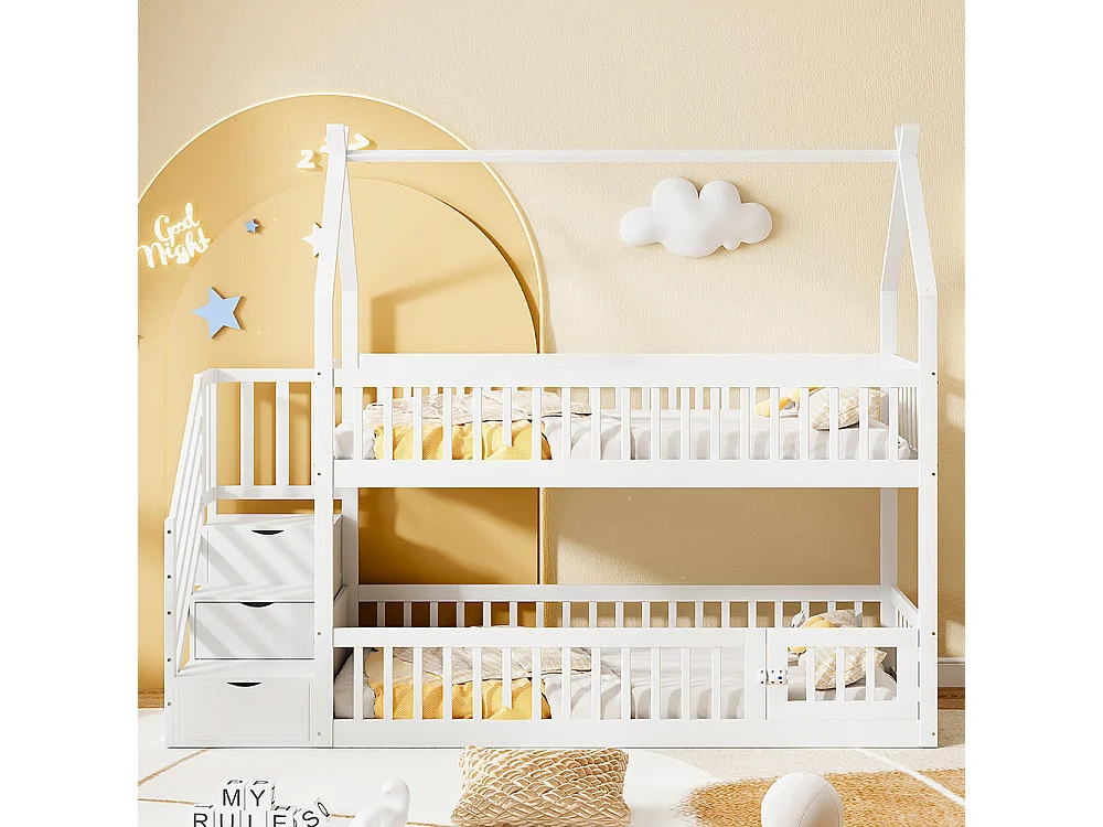 Lit superposé enfant 90x200 cm en bois massif avec toit échelle sécurité tiroirs rangement simple blanc