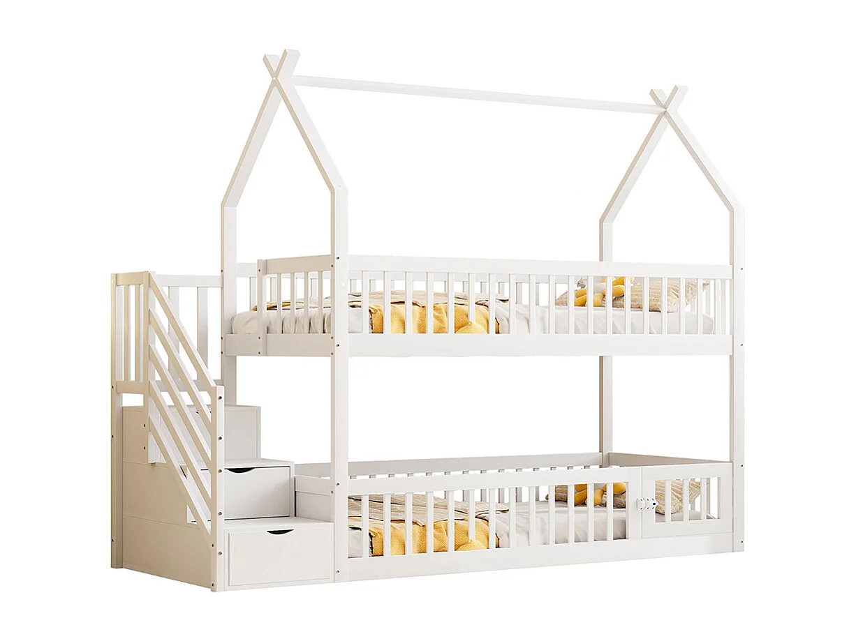 Lit superposé enfant 90x200 cm en bois massif avec toit échelle sécurité tiroirs rangement simple blanc