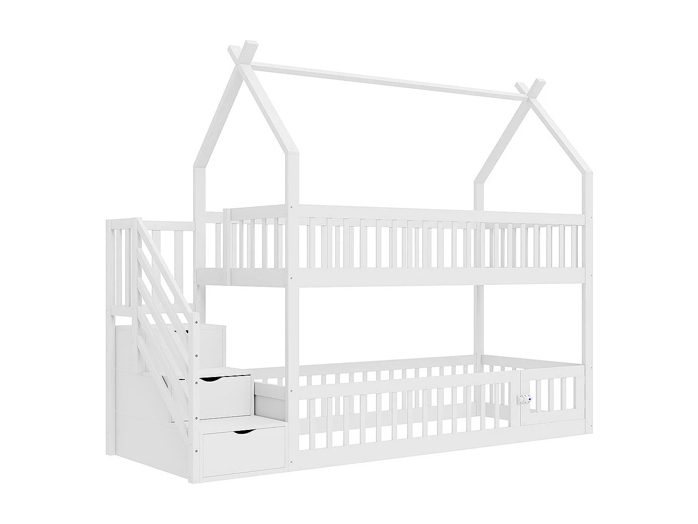 Lit superposé enfant 90x200 cm en bois massif avec toit échelle sécurité tiroirs rangement simple blanc