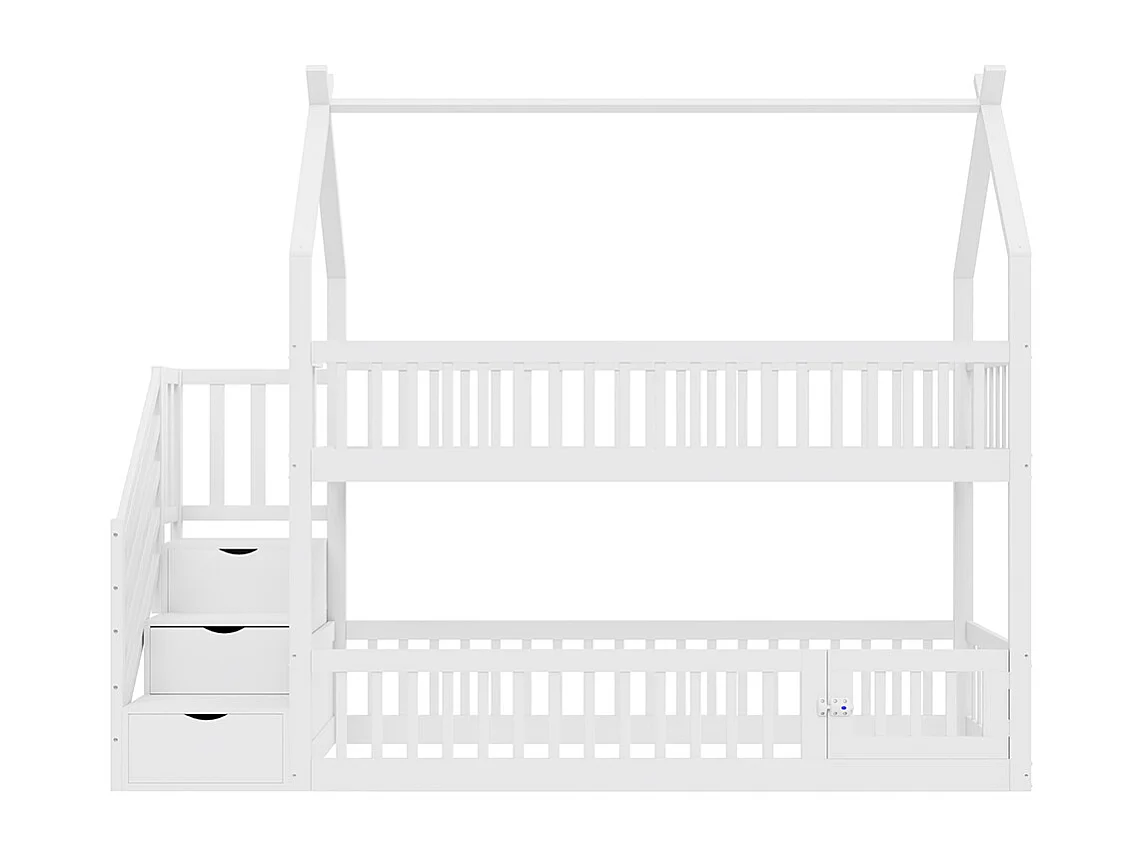 Lit superposé enfant 90x200 cm en bois massif avec toit échelle sécurité tiroirs rangement simple blanc
