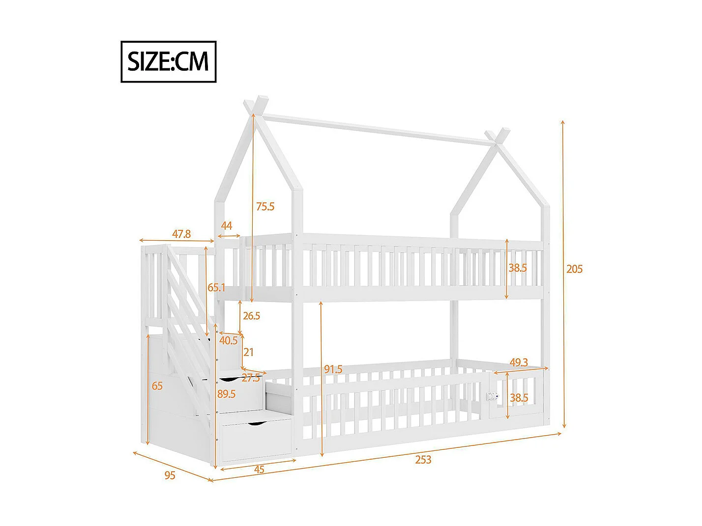 Lit superposé enfant 90x200 cm en bois massif avec toit échelle sécurité tiroirs rangement simple blanc