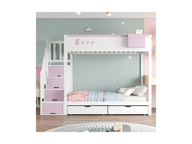 Lit superposé pour enfant 90x200 cm avec motifs lapins carottes rangement amovible échelle sécurité tiroirs sommier à lattes double blanc rose