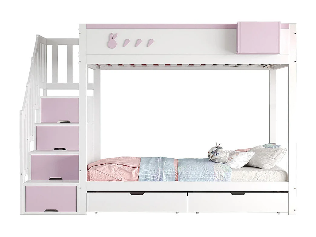 Lit superposé pour enfant 90x200 cm avec motifs lapins carottes rangement amovible échelle sécurité tiroirs sommier à lattes double blanc rose