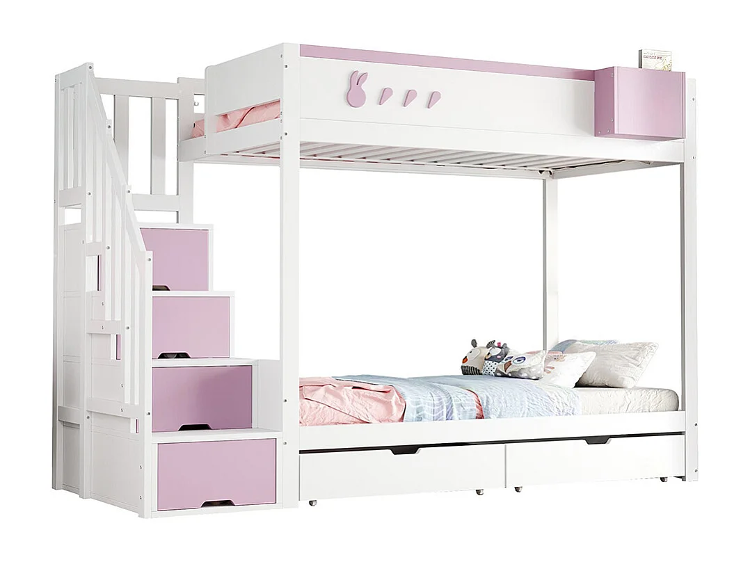 Lit superposé pour enfant 90x200 cm avec motifs lapins carottes rangement amovible échelle sécurité tiroirs sommier à lattes double blanc rose