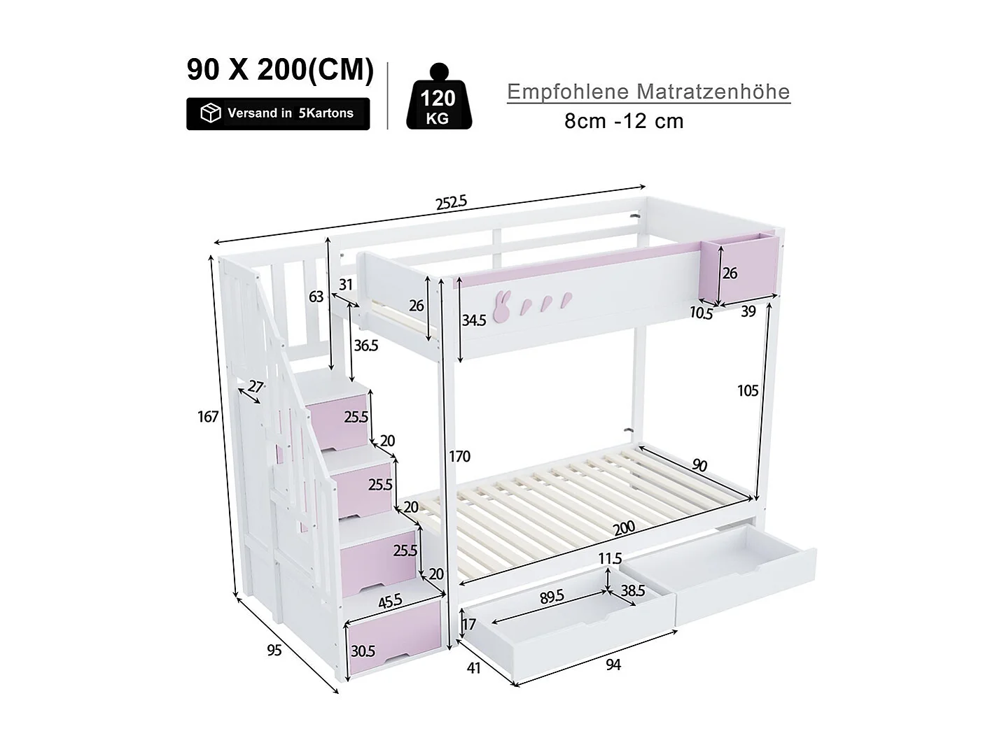 Lit superposé pour enfant 90x200 cm avec motifs lapins carottes rangement amovible échelle sécurité tiroirs sommier à lattes double blanc rose
