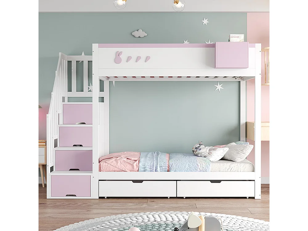 Lit superposé pour enfant 90x200 cm avec motifs lapins carottes rangement amovible échelle sécurité tiroirs sommier à lattes double blanc rose