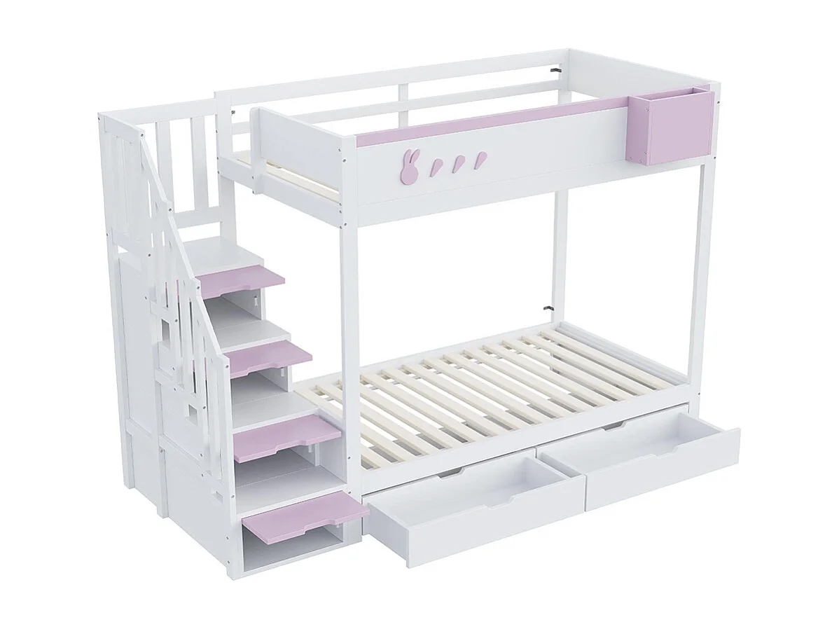 Lit superposé pour enfant 90x200 cm avec motifs lapins carottes rangement amovible échelle sécurité tiroirs sommier à lattes double blanc rose