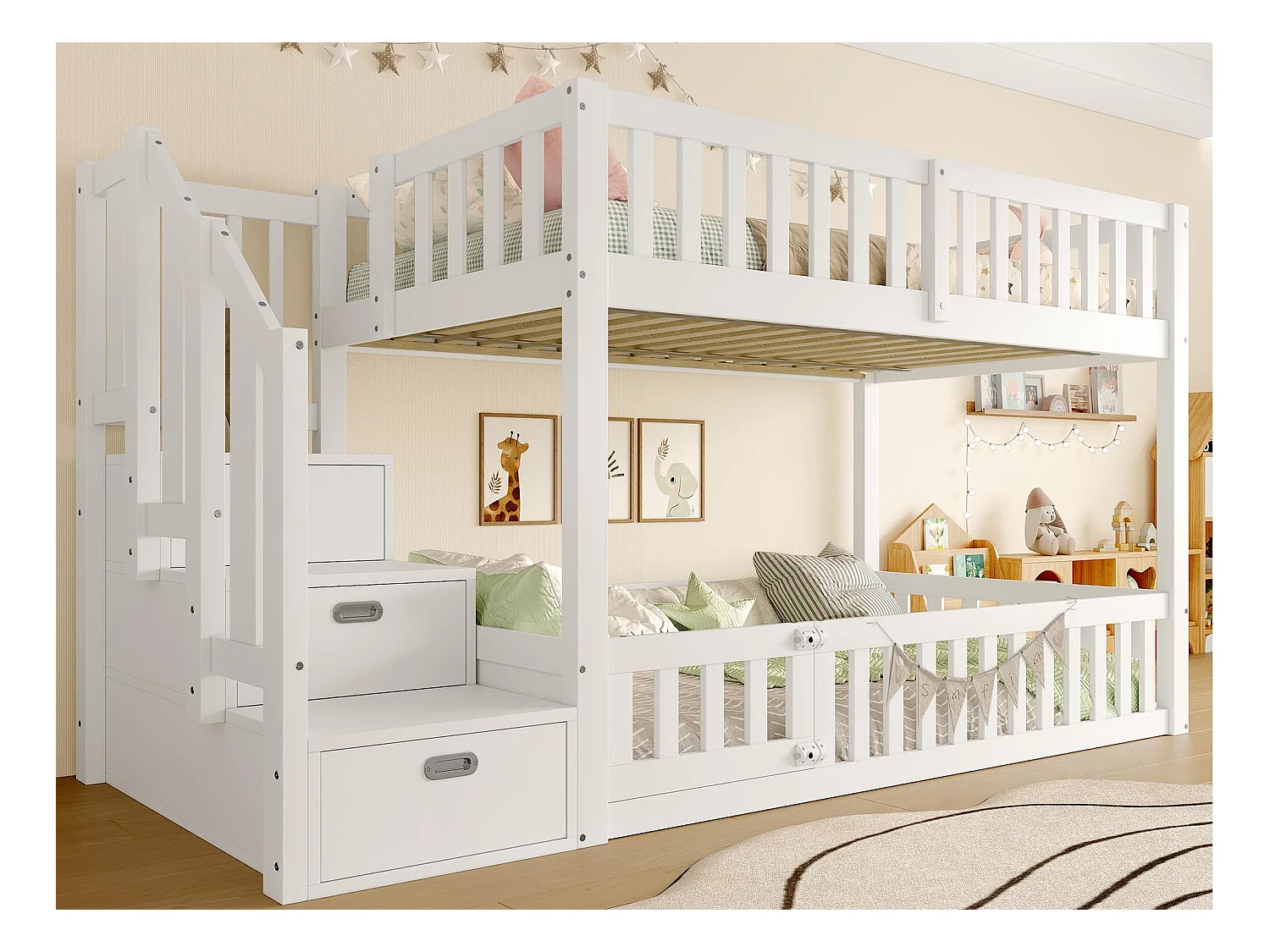 Lit mezzanine 90x200 cm -  avec échelle de rangement - avec barrière de sécurité - MDF - Blanc