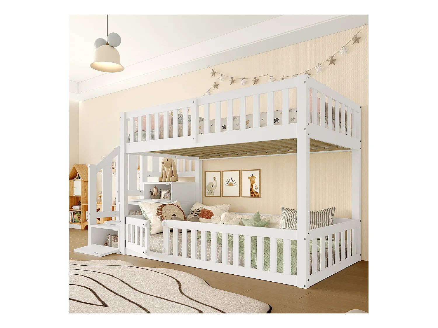 Lit mezzanine 90x200 cm -  avec échelle de rangement - avec barrière de sécurité - MDF - Blanc