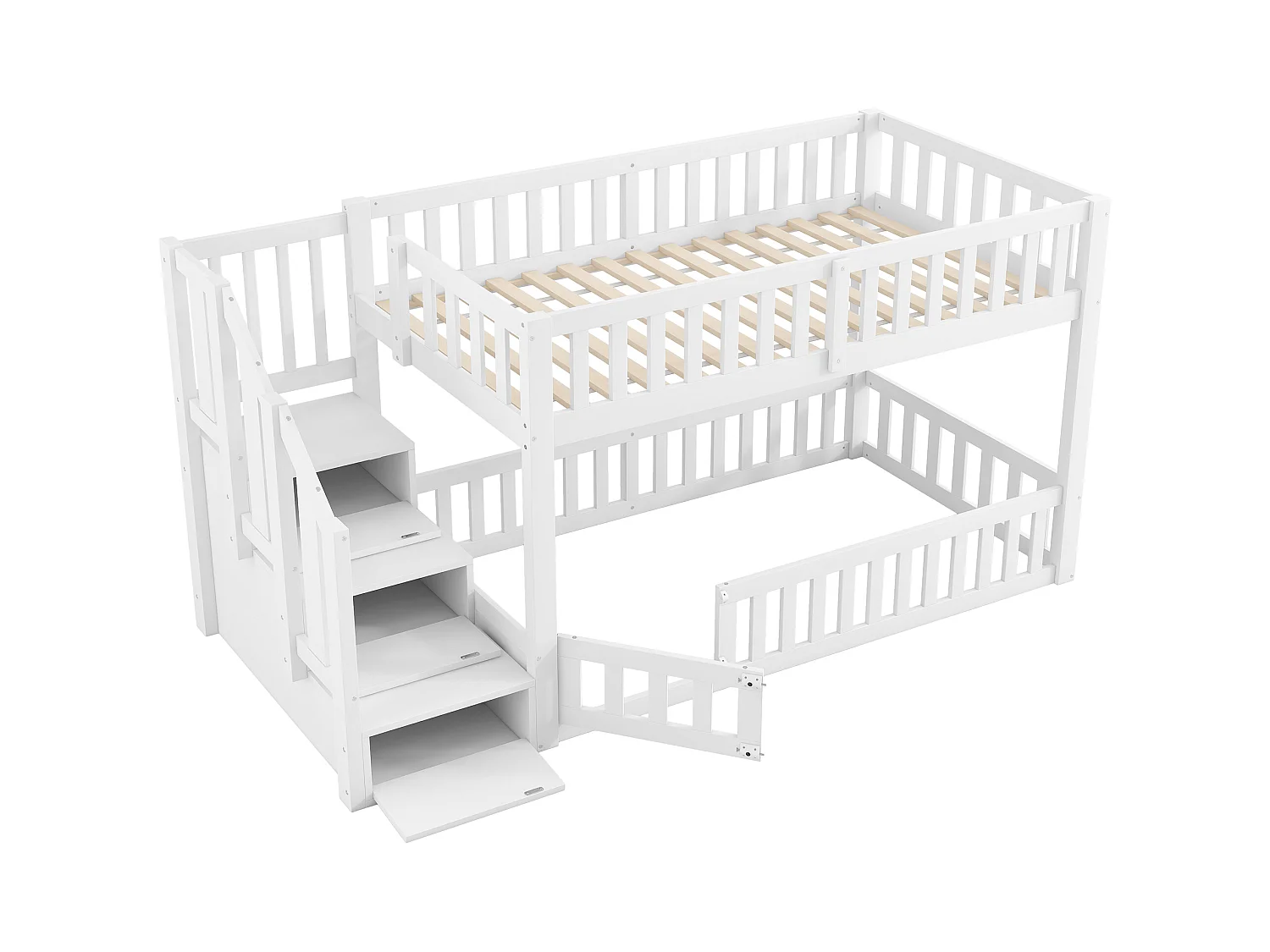 Lit mezzanine 90x200 cm -  avec échelle de rangement - avec barrière de sécurité - MDF - Blanc