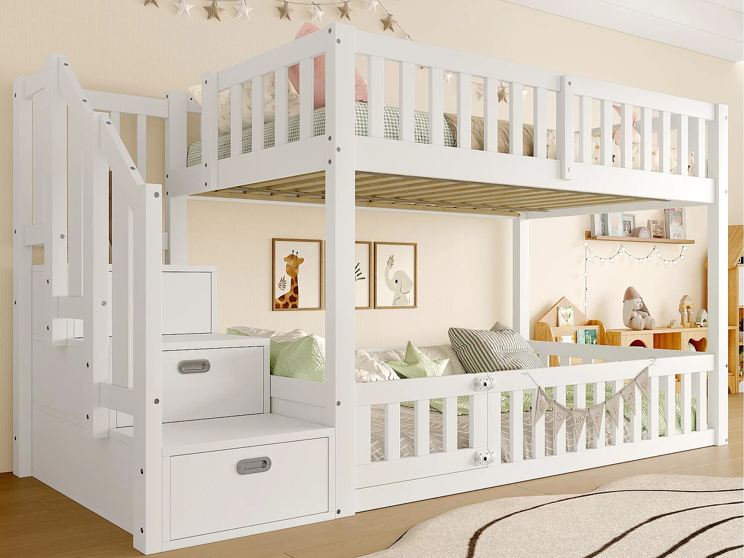 Cama beliche 90x200 cm - Com escada com armazenamento - Com grade de segurança - MDF - Branco